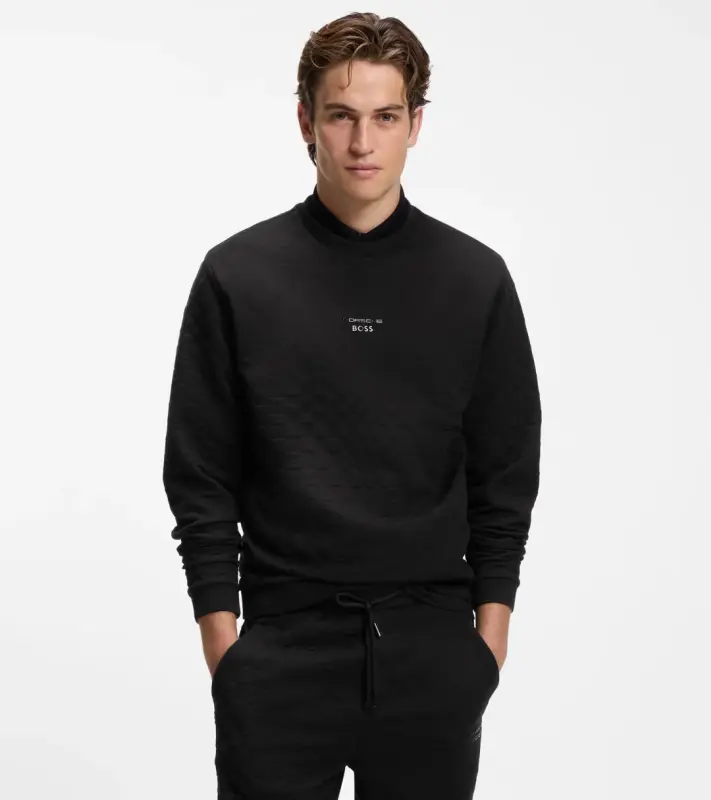 PORSCHE DESIGN Sweatshirt with Pascha Check Jacquard Porsche x BOSS Svetr mikina se žakárovým vzorem šachovnice a vycentrovaným reliéfním logem v černé