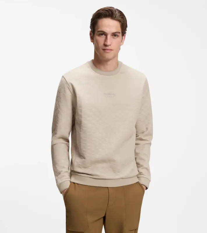 PORSCHE DESIGN Sweatshirt with Pascha Check Jacquard Porsche x BOSS Svetr mikina se žakárovým vzorem šachovnice a vycentrovaným reliéfním logem v béžové