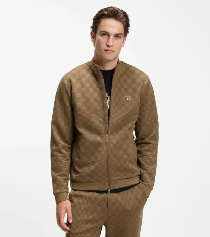 PORSCHE DESIGN Zip-up Sweatshirt with Pascha-check Jacquard Porsche x BOSS Svetr mikina na zip se žakárovým vzorem šachovnice a reliéfním logem v hnědé camelce