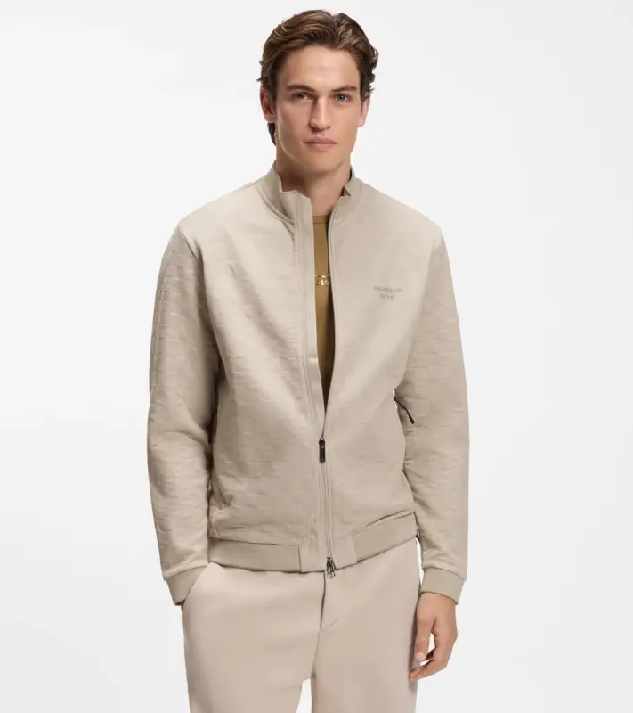 PORSCHE DESIGN Zip-up Sweatshirt with Pascha-check Jacquard Porsche x BOSS Svetr mikina na zip se žakárovým vzorem šachovnice a reliéfním logem v béžové