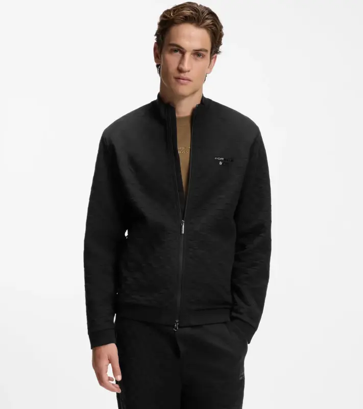 PORSCHE DESIGN Zip-up Sweatshirt with Pascha-check Jacquard Porsche x BOSS Svetr mikina na zip se žakárovým vzorem šachovnice a reliéfním logem v černé