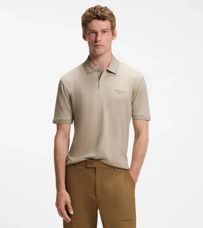 PORSCHE DESIGN Polo Shirt with gloss branding Porsche x BOSS Polokošile tričko s límečkem a knoflíčky s reliéfní grafikou béžová