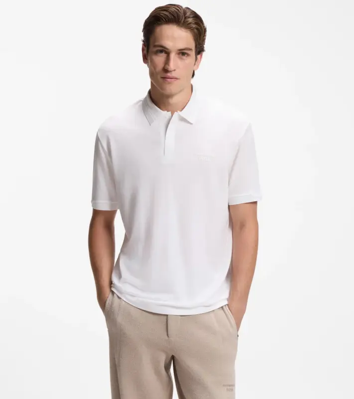 PORSCHE DESIGN Polo Shirt with gloss branding Porsche x BOSS Polokošile tričko s límečkem a knoflíčky s reliéfní grafikou bílá