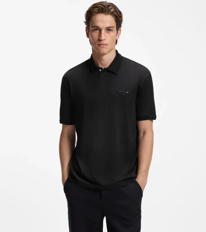 PORSCHE DESIGN Polo Shirt with gloss branding Porsche x BOSS Polokošile tričko s límečkem a knoflíčky s reliéfní grafikou černá