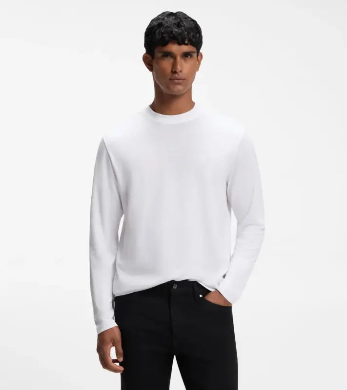 PORSCHE DESIGN Long-sleeved T-shirt with gloss logo Porsche x BOSS Tričko s dlouhým rukávem sportovně laděné s výstřihem ke krku bílé s grafikou