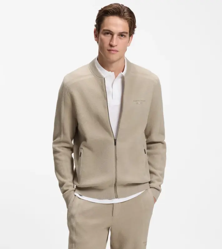PORSCHE DESIGN Zip-up Cardigan with logo Porsche x BOSS Svetr rozepínací kardigan žakárový s reliéfním logem v béžové