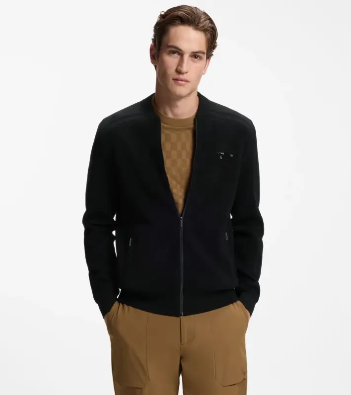 PORSCHE DESIGN Zip-up Cardigan with logo Porsche x BOSS Svetr rozepínací kardigan žakárový s reliéfním logem v černé
