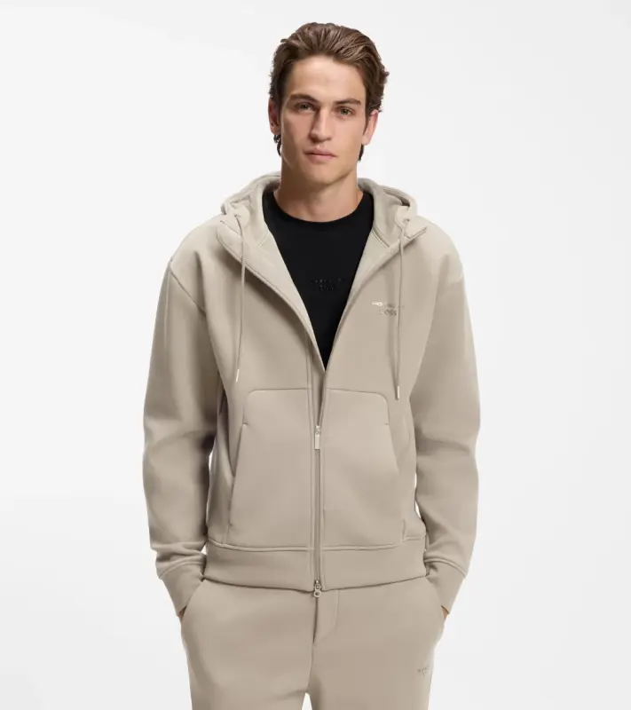 PORSCHE DESIGN Relaxed-fit zip-up Hoodie with logo Porsche x BOSS Mikina klokanka rozepínací s reliéfním logem v béžové