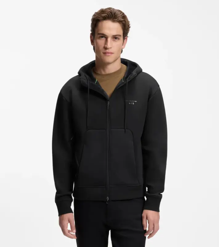 PORSCHE DESIGN Relaxed-fit zip-up Hoodie with logo Porsche x BOSS Mikina klokanka rozepínací s reliéfním logem v černé