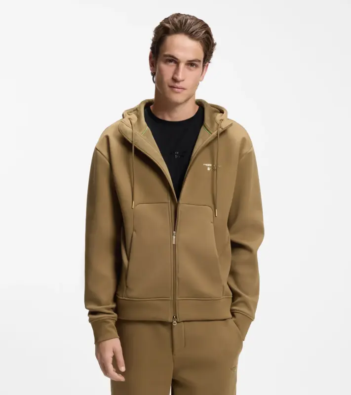 PORSCHE DESIGN Relaxed-fit zip-up Hoodie with logo Porsche x BOSS Mikina klokanka rozepínací s reliéfním logem hnědá camelka