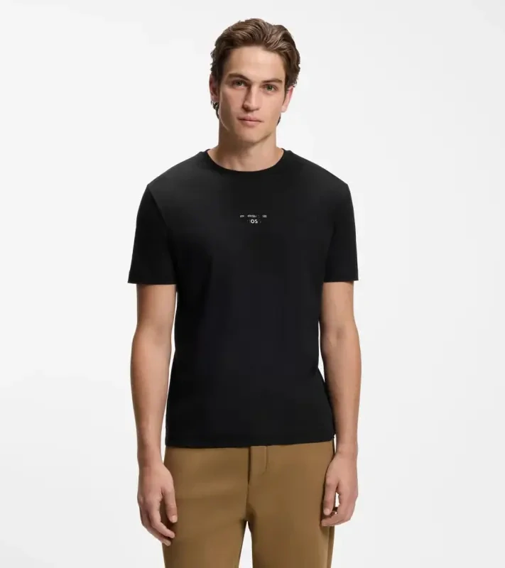 PORSCHE DESIGN Mercerised-cotton T-shirt with gloss logo Porsche x BOSS Tričko z mercerované bavlny s potiskem na zádech a reliéfním logem černá