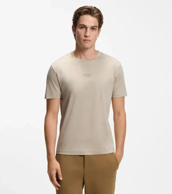 PORSCHE DESIGN Mercerised-cotton T-shirt with gloss logo Porsche x BOSS Tričko z mercerované bavlny s potiskem na zádech a reliéfním logem béžová