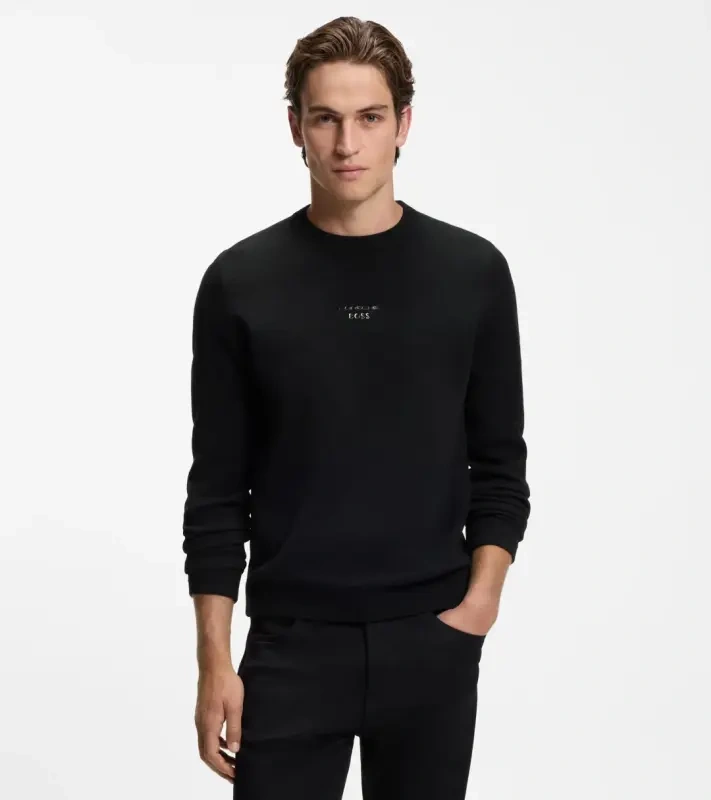 PORSCHE DESIGN Sweater with Ottoman-structured panels Porsche x BOSS Svetr z merina sportovně laděný s výstřihem ke krku s reliéfní grafikou v černé