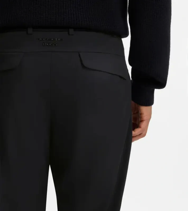 PORSCHE DESIGN Regular-fit Trousers in stretch fabric Porsche x BOSS Kalhoty neformální i volnočasové s reliéfním logem mírně strečové černé