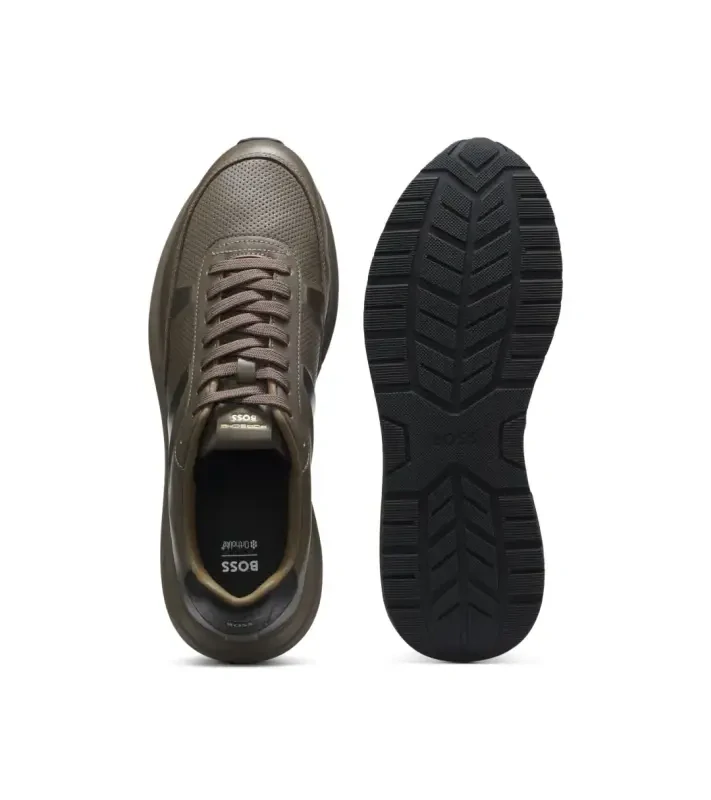 PORSCHE DESIGN Leather Sneaker with perforated details Porsche x BOSS Obuv volnočasová neformální kožená s logem hnědá camelka