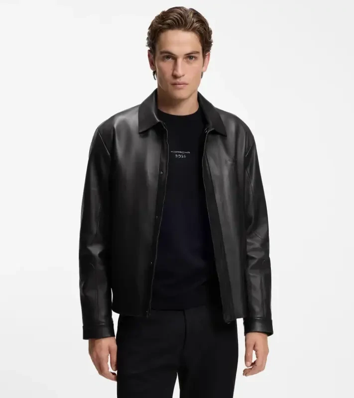 PORSCHE DESIGN Leather Jacket with concealed magnetic closure Porsche x BOSS Bunda kožená se zipem a krycí légou na magnetky s reliéfním logem černá