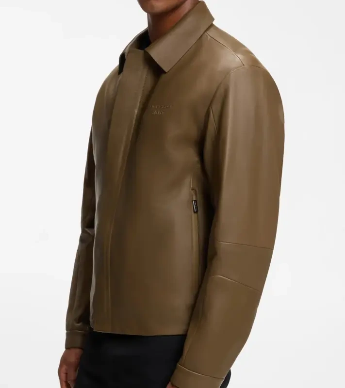 PORSCHE DESIGN Leather Jacket with concealed magnetic closure Porsche x BOSS Bunda kožená se zipem a krycí légou na magnetky s reliéfním logem hnědá camelka
