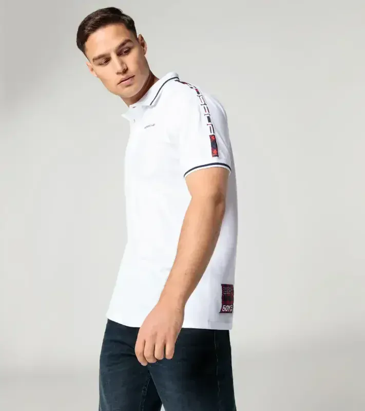 PORSCHE Polo shirt Turbo No. 1 Tričko polokošile s límečkem a knoflíky bílá s kostkovanými detaily