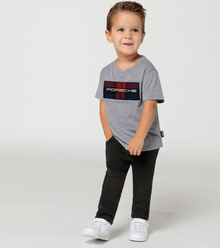 PORSCHE Kids T-shirt Turbo No. 1 Tričko s kulatým výstřihem dětské šedá s kostkovanými detaily