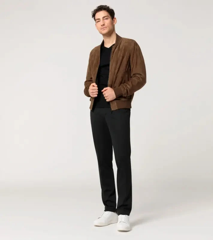 PORSCHE DESIGN Goat suede leather jacket Bunda kožená klasického střihu s detaiily z úpletu koňaková hnědá