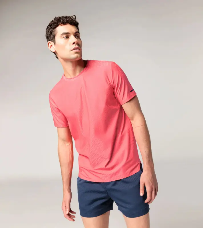 PORSCHE DESIGN Hexagon T-shirt Tričko volnočasové sportovní s kulatým výstřihem logem a šestihranným vzorem oranžově korálová