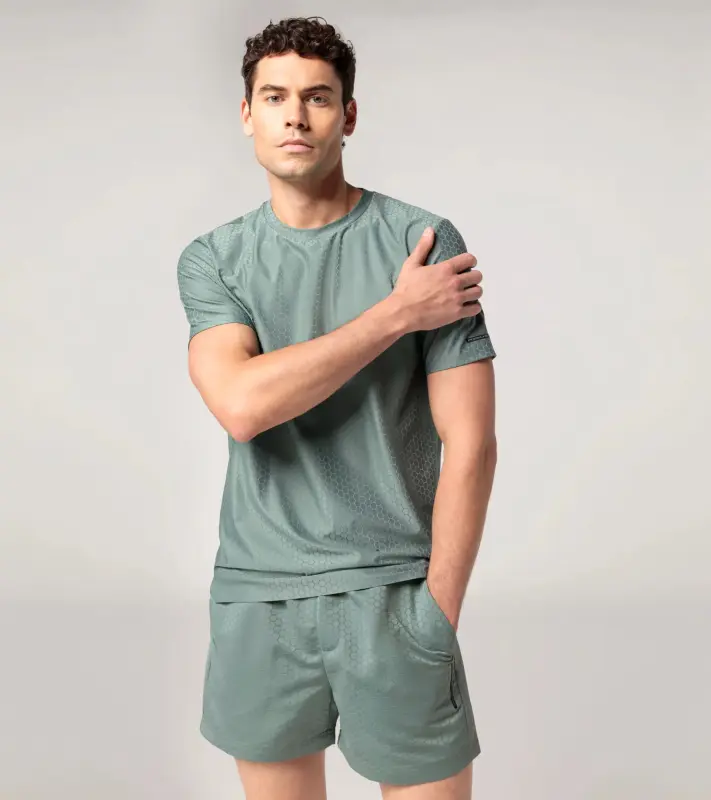 PORSCHE DESIGN Hexagon T-shirt Tričko volnočasové sportovní s kulatým výstřihem logem a šestihranným vzorem mátová zelená