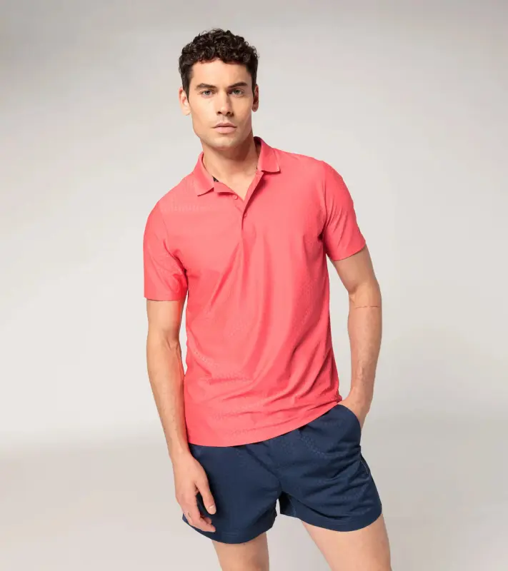 PORSCHE DESIGN Hexagon Polo Shirt Polokošile tričko s límečkem a knoflíčky se šestihranným vzorem oranžově korálová