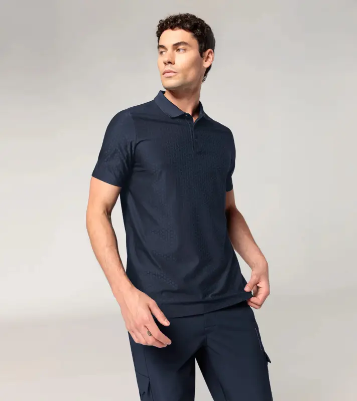 PORSCHE DESIGN Hexagon Polo Shirt Polokošile tričko s límečkem a knoflíčky se šestihranným vzorem tmavě modrá