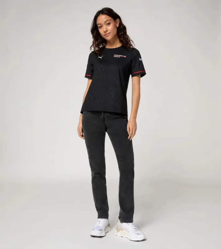 PORSCHE Women's T-shirt Motorsport Replica Tričko dámské sportovní s kulatým výstřihem černá s červenými doplňky