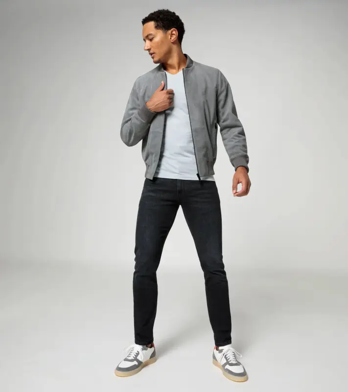 PORSCHE DESIGN Goat suede leather jacket Bunda kožená klasického střihu s detaily z úpletu světle šedá
