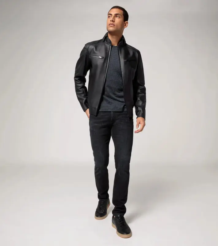 PORSCHE DESIGN Cabrio leather jacket Bunda kožená s odnímatelným límcem a ikonickou žakárovou podšívkou černá