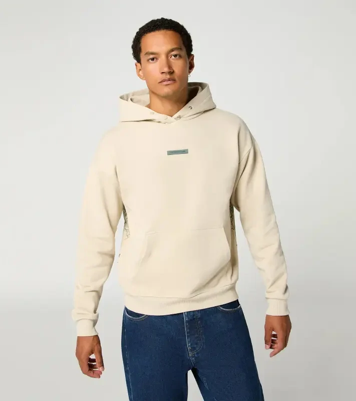 PORSCHE Unisex Urban hoodie Cayenne Electric Lifestyle Mikina klokanka s nášivkou a grafikou na zádech béžová
