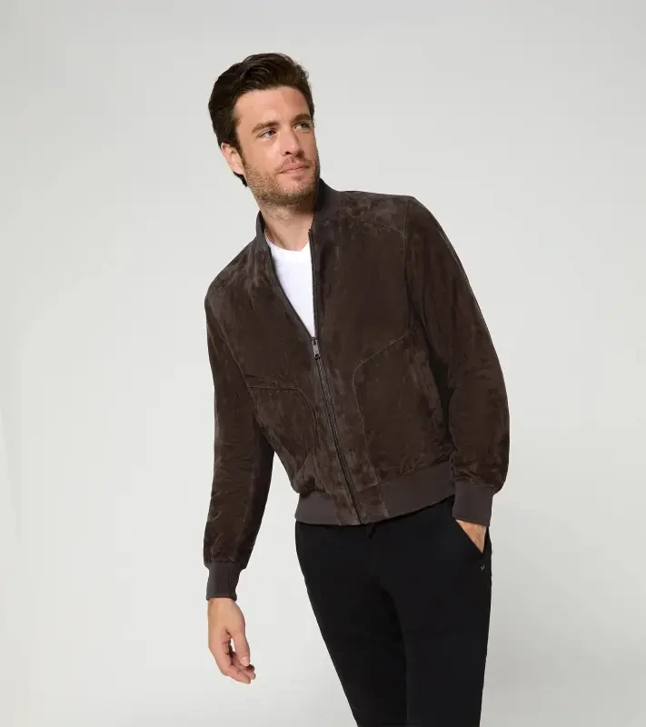 PORSCHE DESIGN Classic Leather Jacket Bunda kožená na zip s pleteným pasem a límcem tmavě hnědá