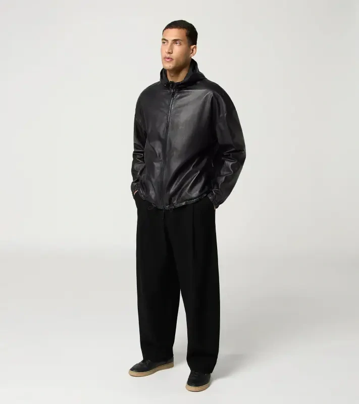 PORSCHE DESIGN Leather Jacket Orlando Bloom Special Edition Bunda kožená oboustranná s kapucí na zip voděodolná matná a lesklá černá