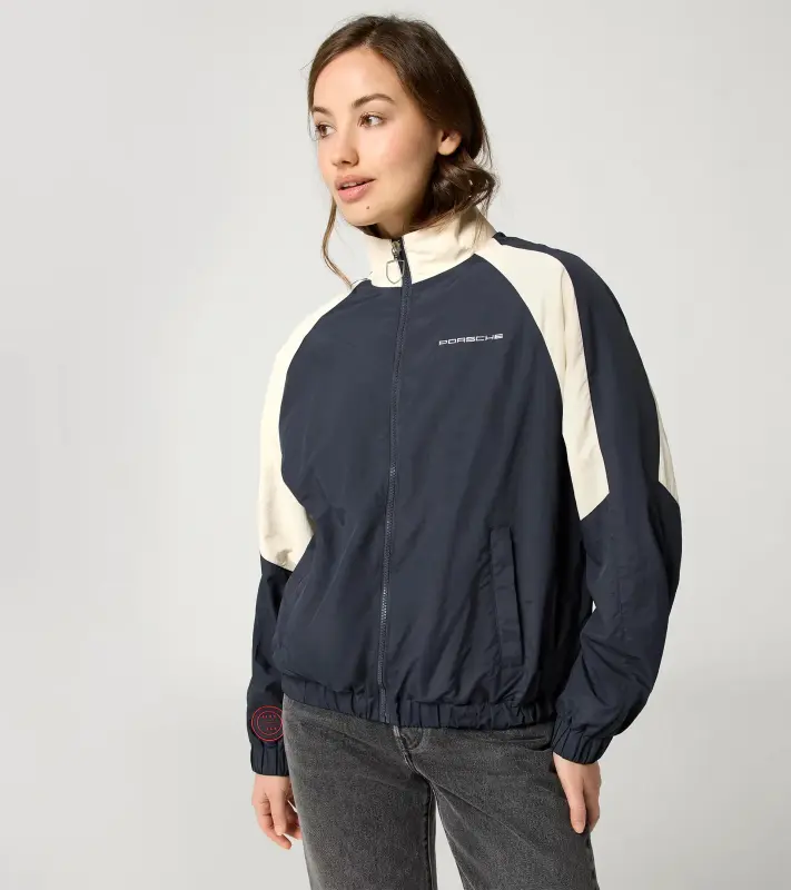 PORSCHE Unisex Retro Blouson Jacket Fan Community Bunda sportovní volnočasová na zip do pasu s úpletem ve stylu devadesátek tmavě modrá