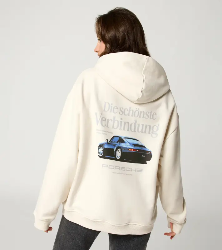 PORSCHE Unisex Retro Hoodie Fan Community Mikina klokanka s kapucí sportovní volnočasová s náplety ve stylu devadesátek s potiskem alpská bílá