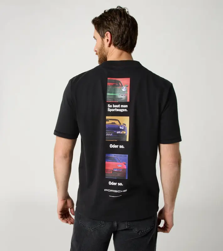 PORSCHE Unisex Retro T-shirt Fan Community Tričko ležérní s potiskem evokujícím devadesátky černá