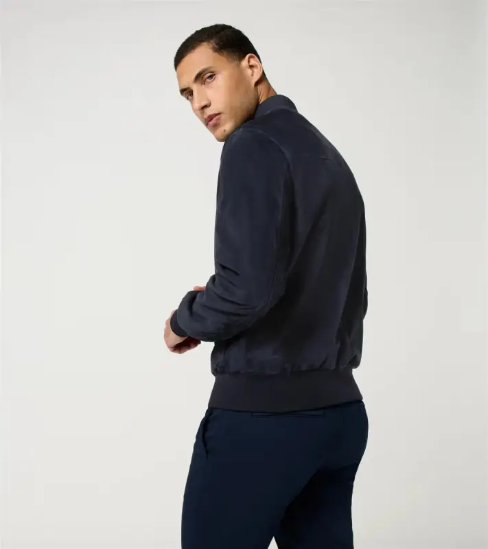 PORSCHE DESIGN Goat Suede Leather Jacket Bunda kožená klasického střihu s detaily z úpletu tmavě modrá