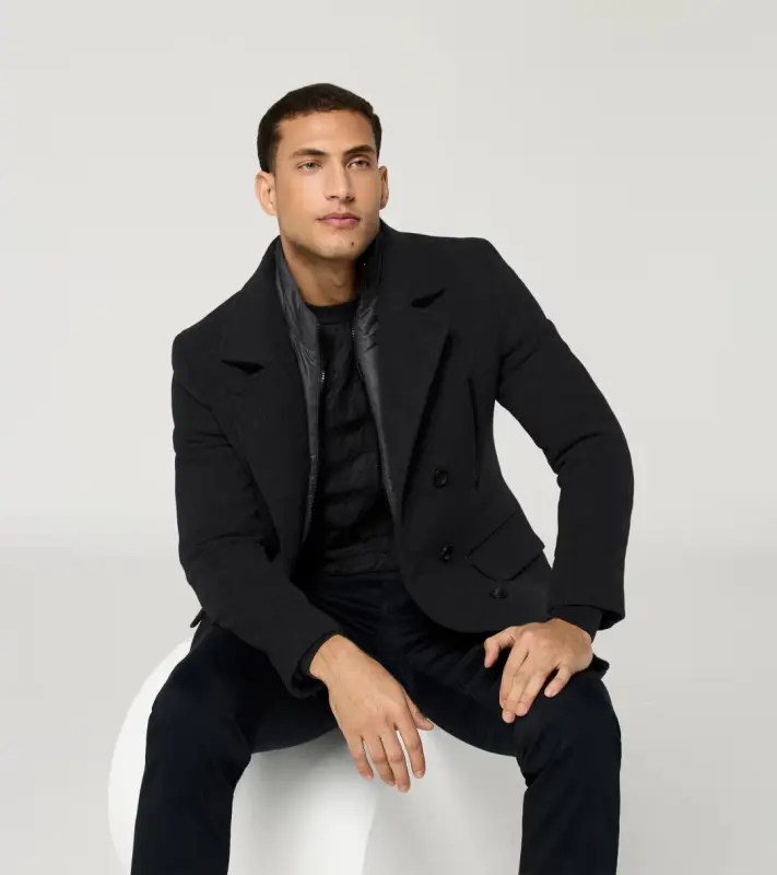 PORSCHE DESIGN Hybrid Peacoat Kabát dvouřadý krátký s žakárovou podšívkou černá