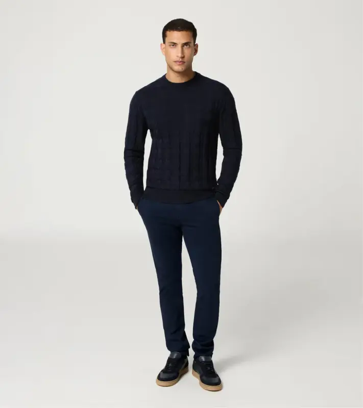 PORSCHE DESIGN Sweater Svetr s výstřihem ke krku z merina a žakárovým vzorem tmavě modrá