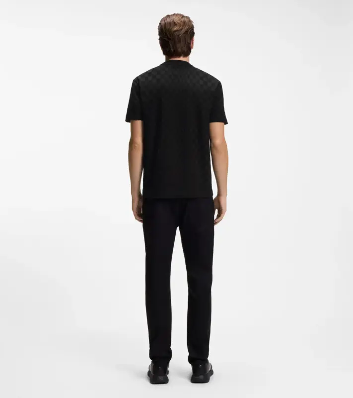 PORSCHE DESIGN Cotton T-shirt with Pascha pattern Porsche x BOSS Tričko sportovně laděné s výstřihem ke krku černé s grafikou a žakárovým vzorem