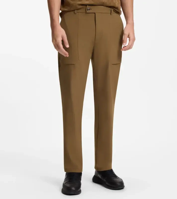 PORSCHE DESIGN Regular-fit Trousers in stretch fabric Porsche x BOSS Kalhoty neformální i volnočasové s reliéfním logem mírně strečové hnědé camelka
