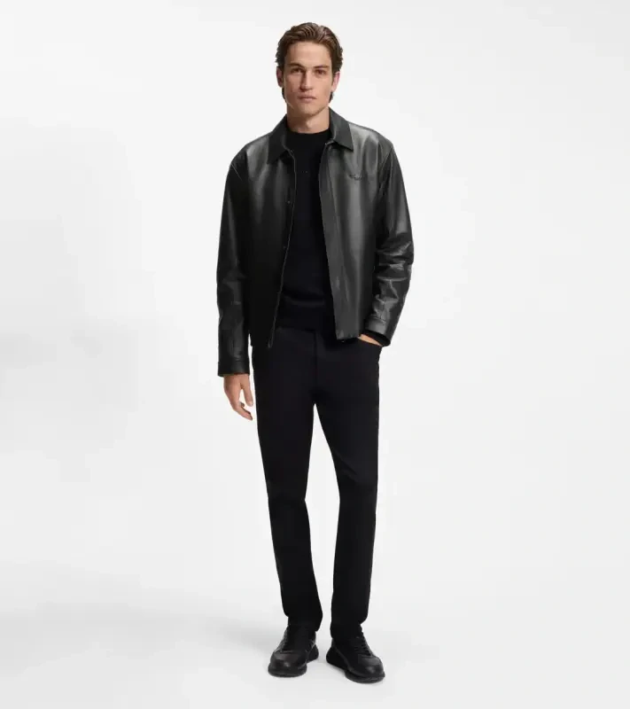 PORSCHE DESIGN Leather Jacket with concealed magnetic closure Porsche x BOSS Bunda kožená se zipem a krycí légou na magnetky s reliéfním logem černá