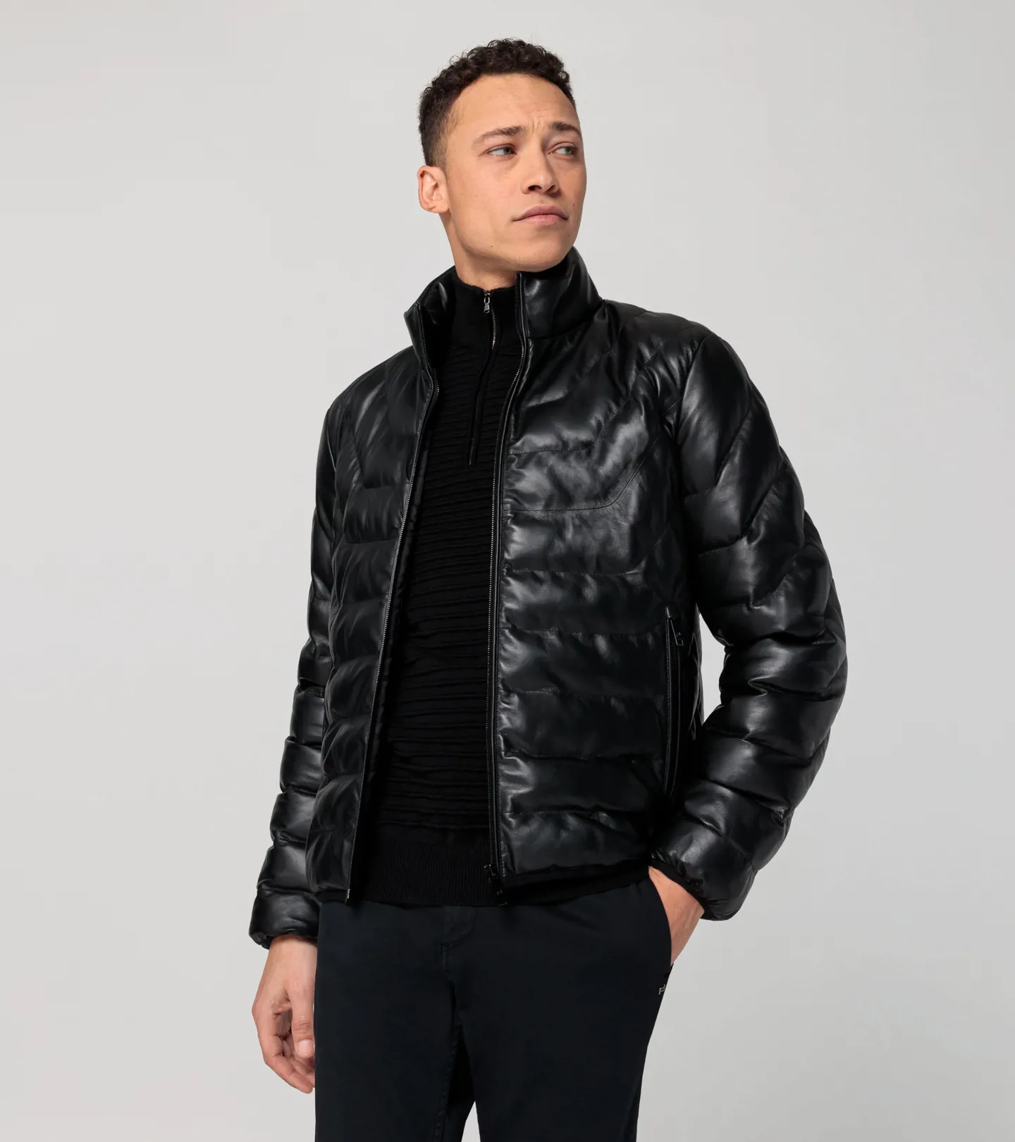 PORSCHE DESIGN Athleisure padded leather jacket Bunda kožená prošívaná módní černá
