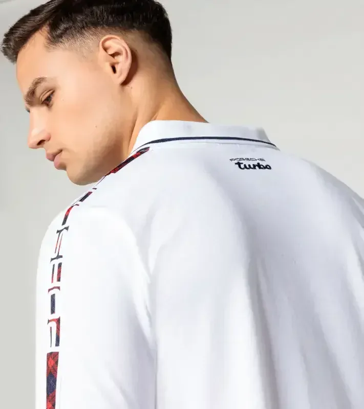 PORSCHE Polo shirt Turbo No. 1 Tričko polokošile s límečkem a knoflíky bílá s kostkovanými detaily