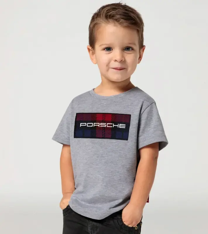 PORSCHE Kids T-shirt Turbo No. 1 Tričko s kulatým výstřihem dětské šedá s kostkovanými detaily