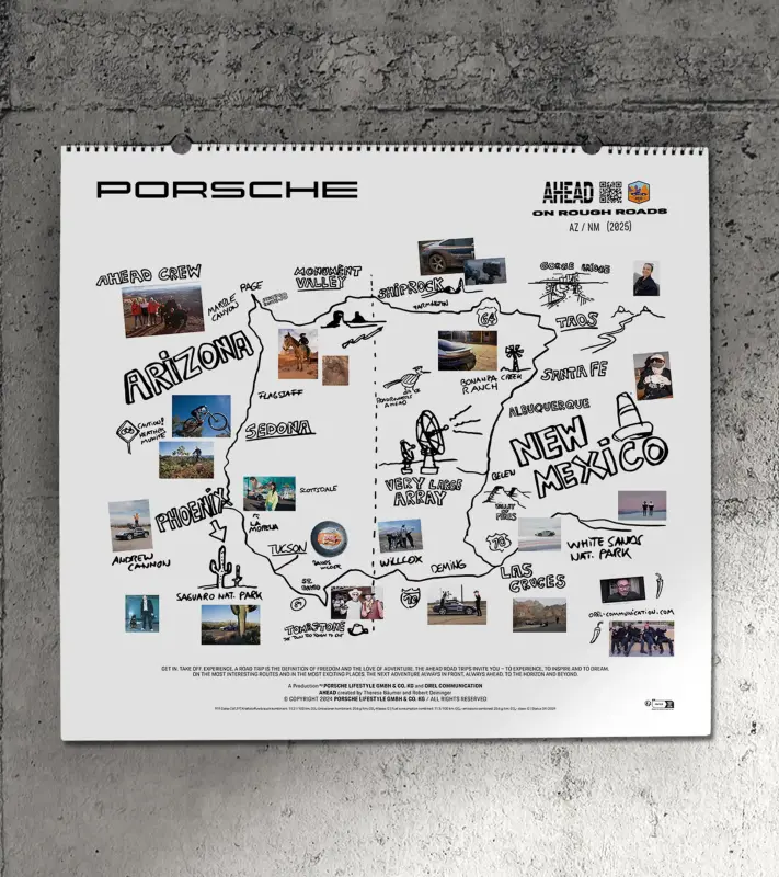 PORSCHE Calendar 2025 On Rough Roads Kalendář nástěnný Arizona Nové Mexiko + sběratelská mince