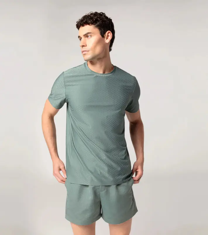 PORSCHE DESIGN Hexagon T-shirt Tričko volnočasové sportovní s kulatým výstřihem logem a šestihranným vzorem mátová zelená