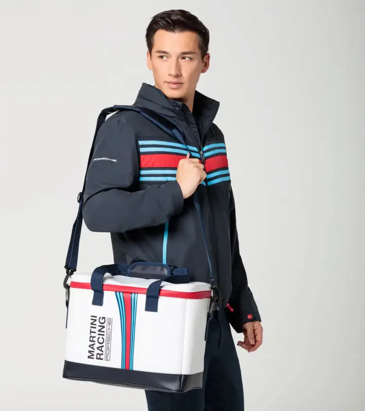 PORSCHE Cool bag MARTINI RACING® Taška chladící přes rameno v ikonické bílé s červenomodrými doplňky