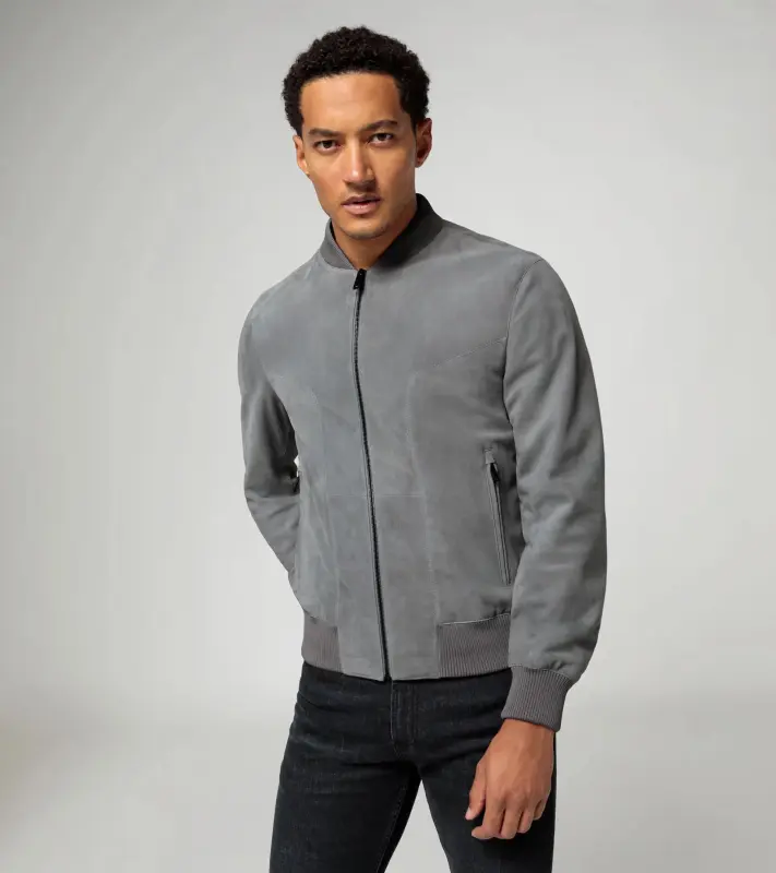 PORSCHE DESIGN Goat suede leather jacket Bunda kožená klasického střihu s detaily z úpletu světle šedá